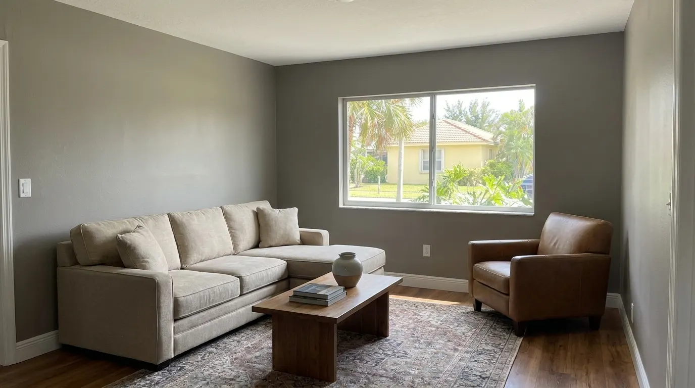 Same living room fully rebuilt and restored after fire damage