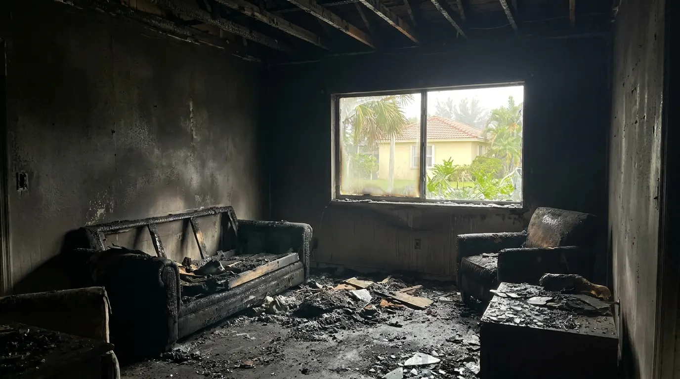 Living room with severe fire damage and charred walls before restoration