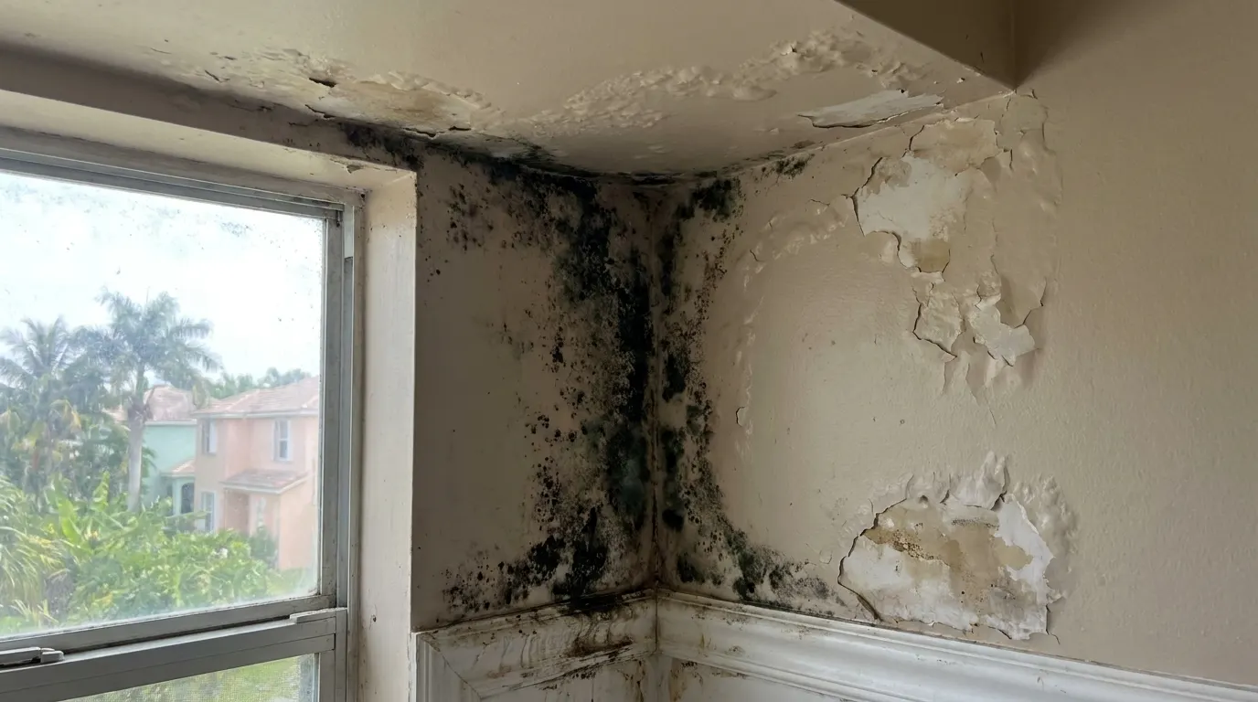 Bathroom wall with spreading mold before remediation
