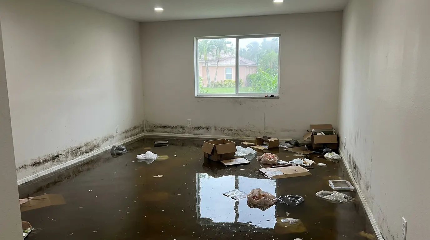 Basement flooded wall to wall by a sewage backup before cleanup