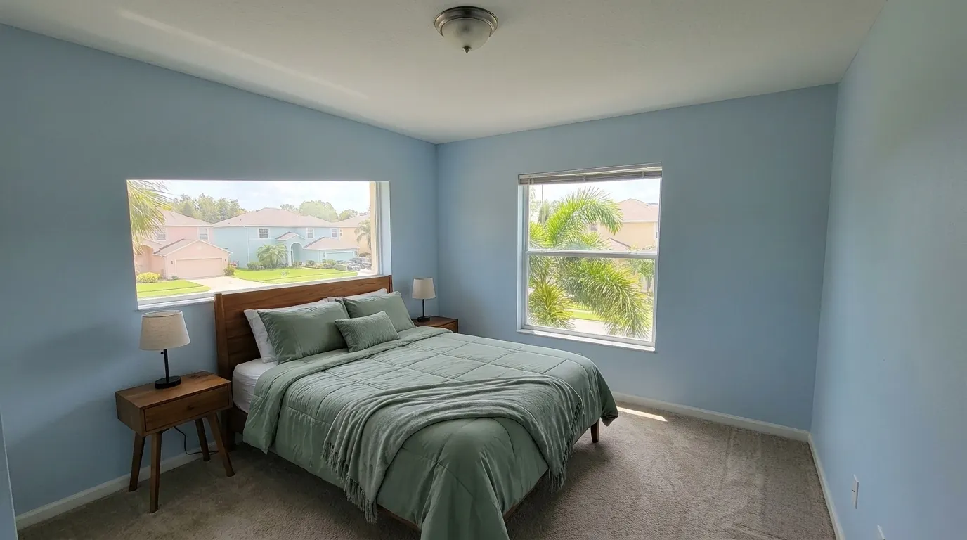Same bedroom with rebuilt ceiling after storm damage restoration