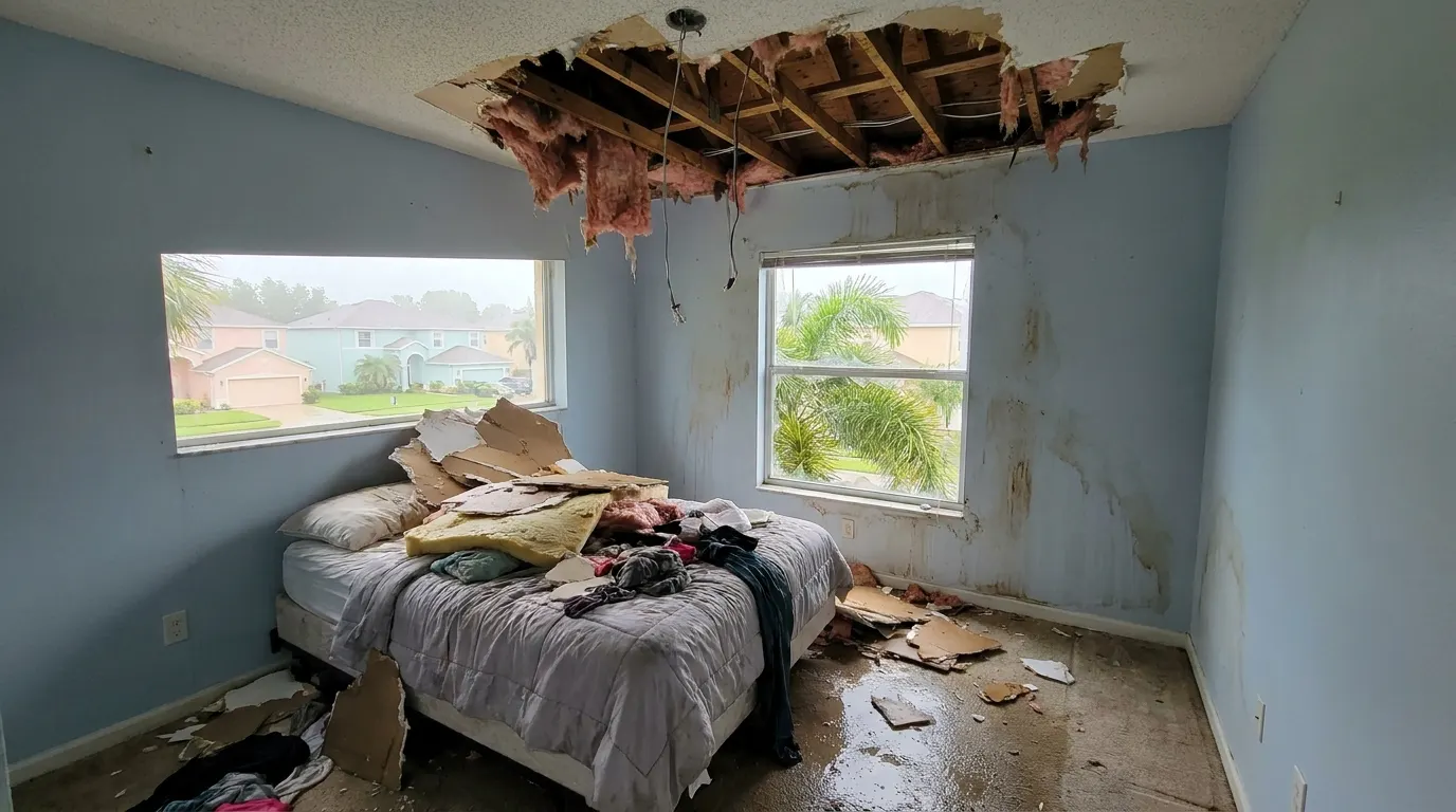 Bedroom with collapsed ceiling and storm debris before repair