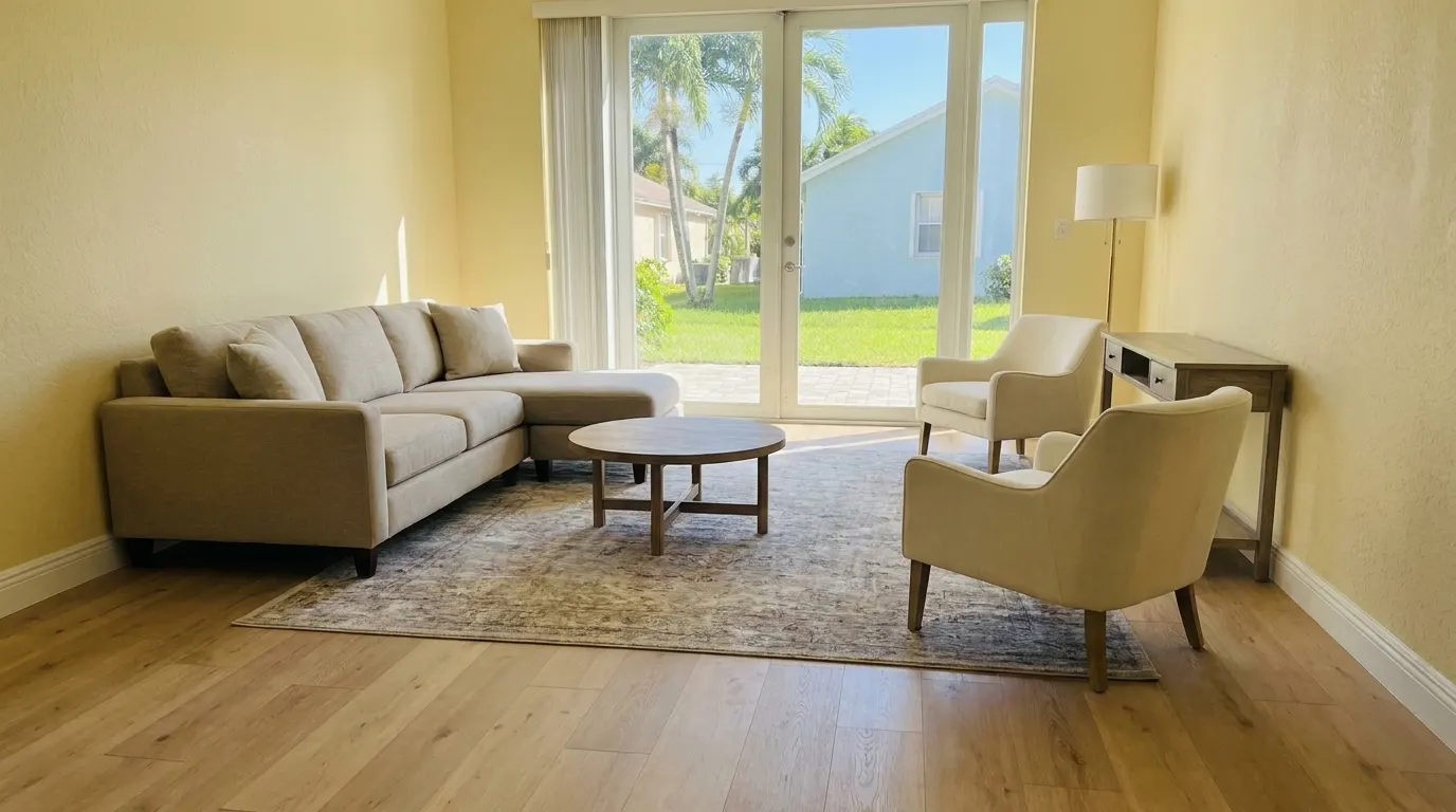 Same living room with new premium plank flooring and repaired walls after restoration
