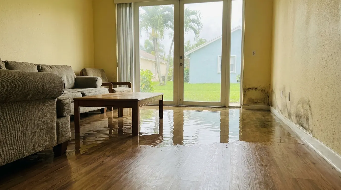 Flooded living room with standing water before restoration